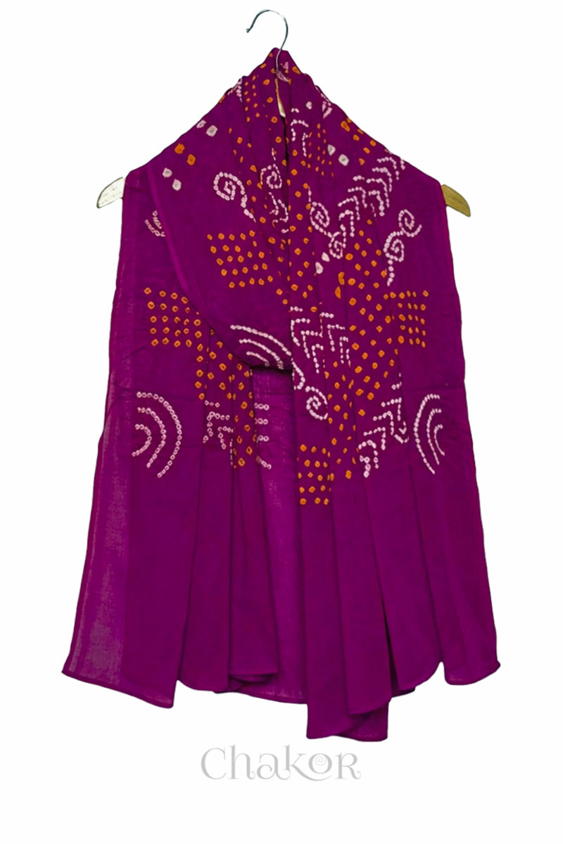 Magenta Bandhani Mul Cotton Dupatta in Traditional Design for Women draped beautifully on a wooden hanger