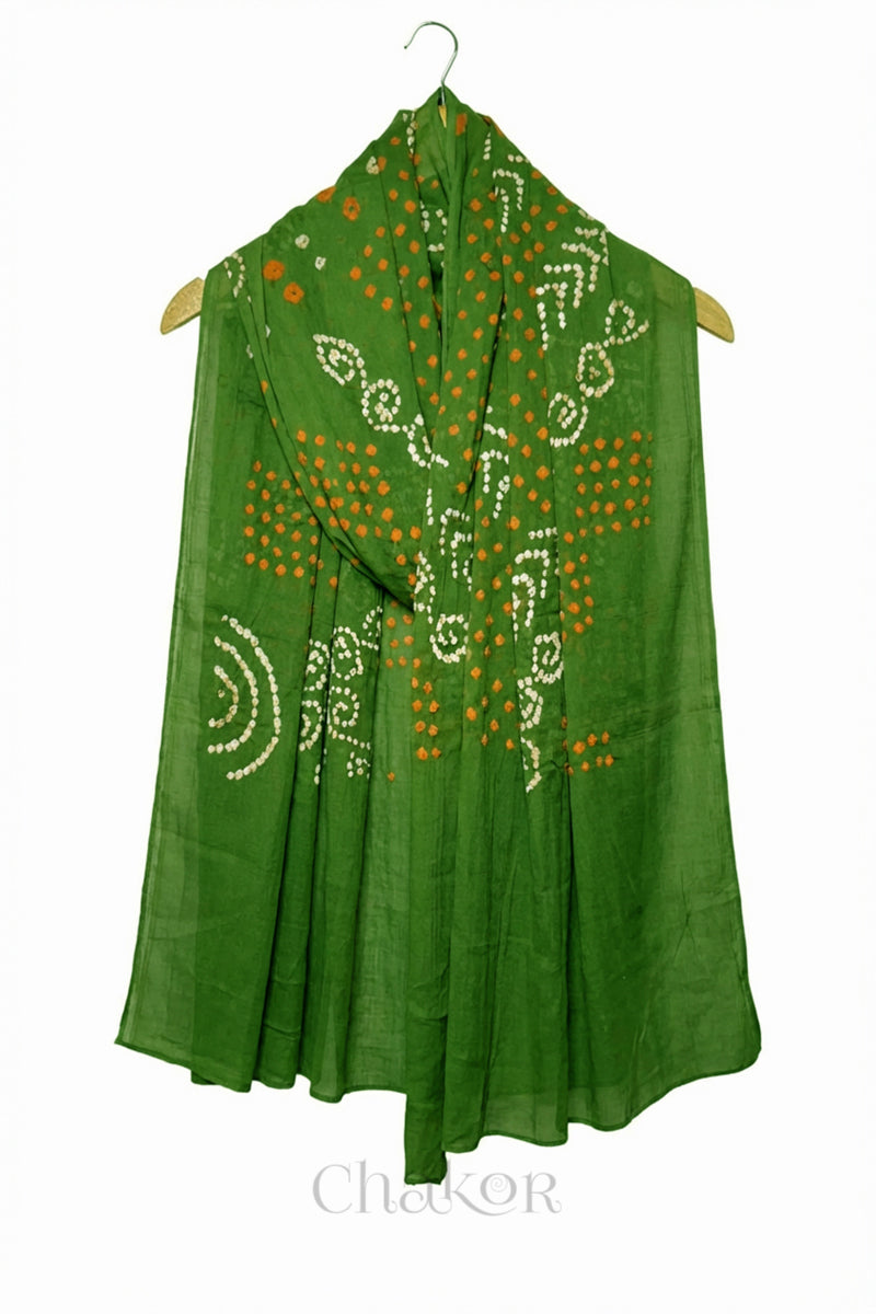 Mehendi Green Bandhani Mul Cotton Dupatta in Traditional Design for Women draped beautifully on a wooden hanger
