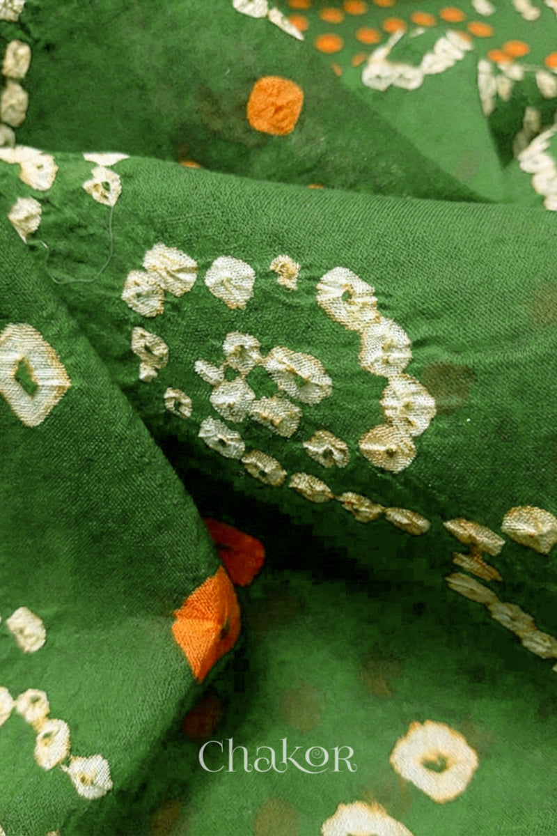 close-up of Mehendi Green Bandhani Mul Cotton Dupatta in Traditional Design for Women