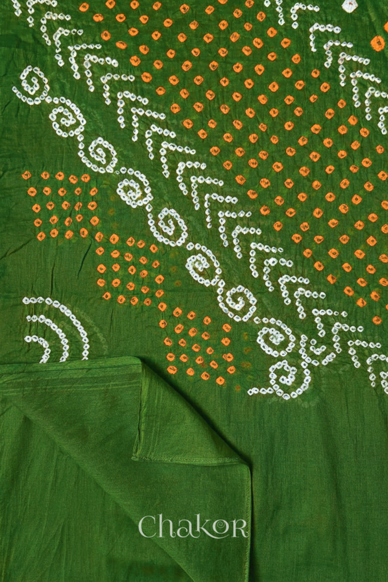 close-up of Mehendi Green Bandhani Mul Cotton Dupatta in Traditional Design for Women