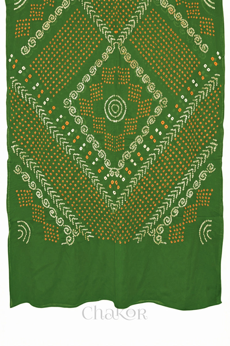 Full view of Mehendi Green Bandhani Mul Cotton Dupatta in Traditional Design for Women