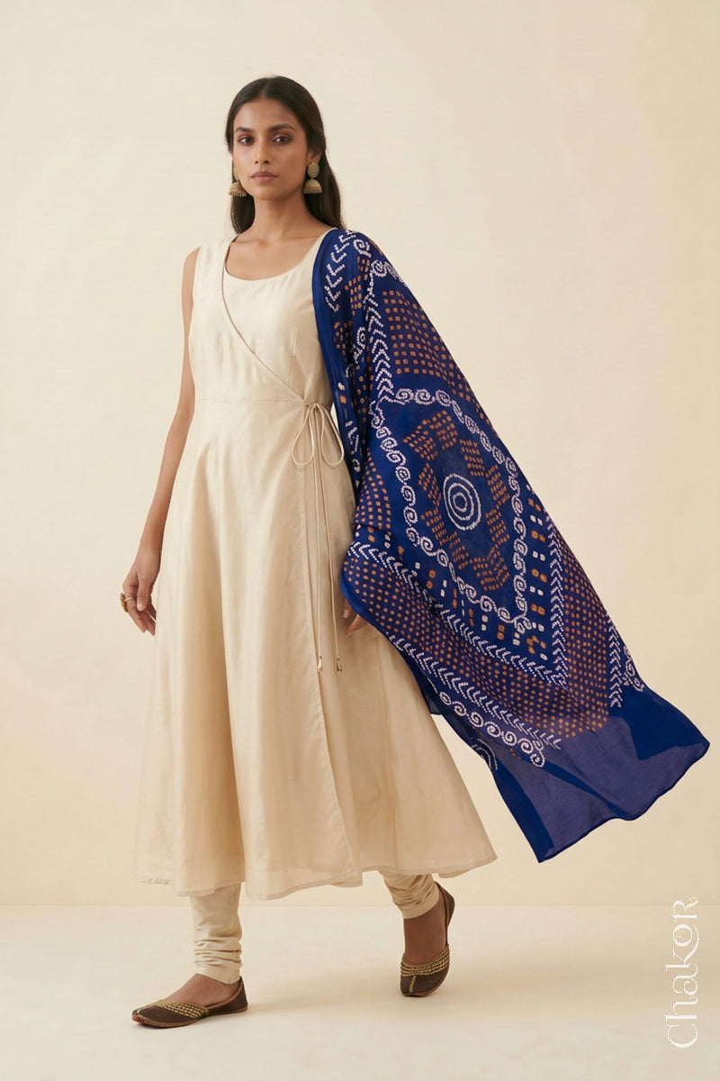 Navy Bandhani Mul Cotton Dupatta | Handmade Kutch Bandhej