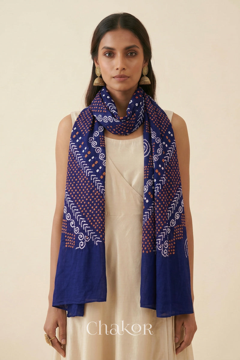 Navy Bandhani Mul Cotton Dupatta | Handmade Kutch Bandhej