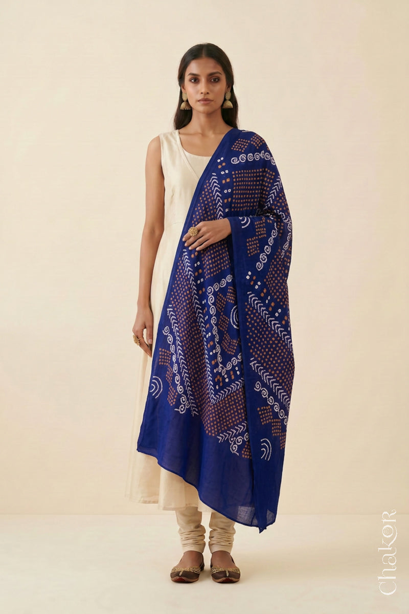 Navy Bandhani Mul Cotton Dupatta | Handmade Kutch Bandhej