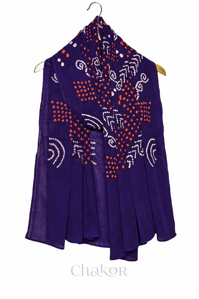 Purple Bandhani Mul Cotton Dupatta in Traditional Design for Women draped beautifully on a wooden hanger