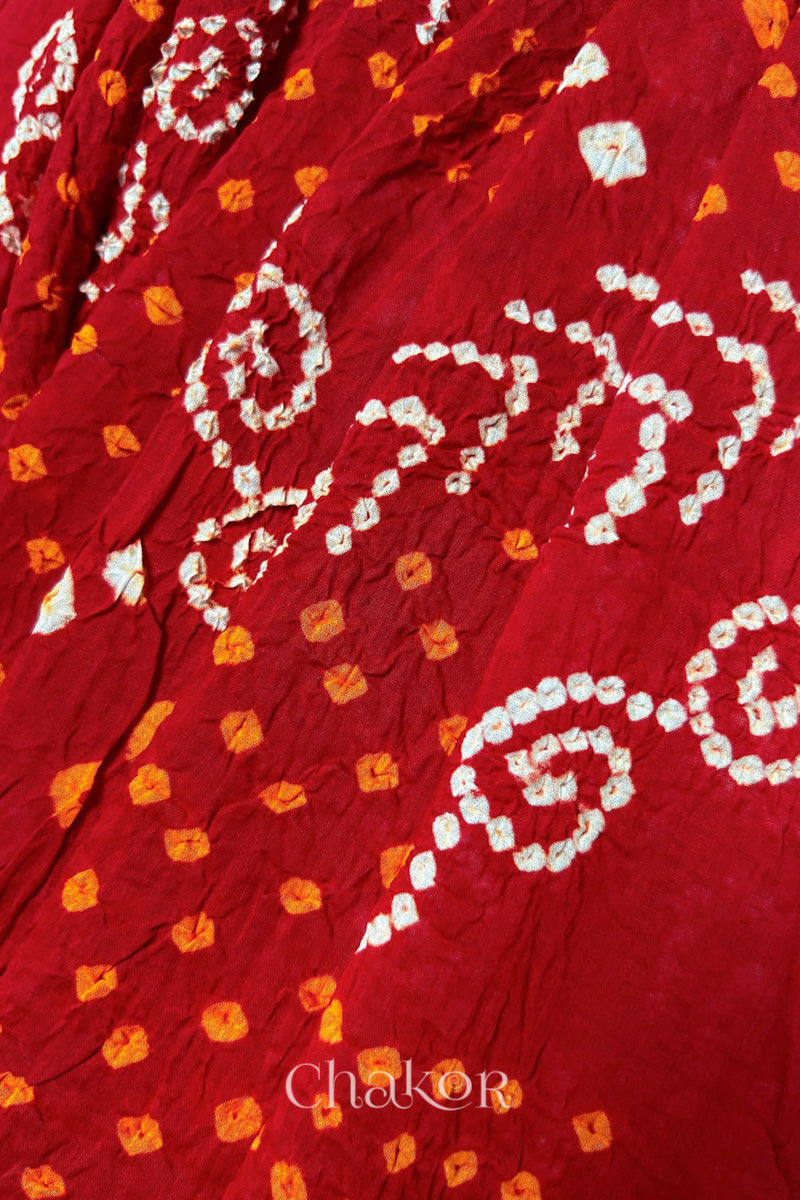 close-up of Red Bandhani Mul Cotton Dupatta in Traditional Design for Women