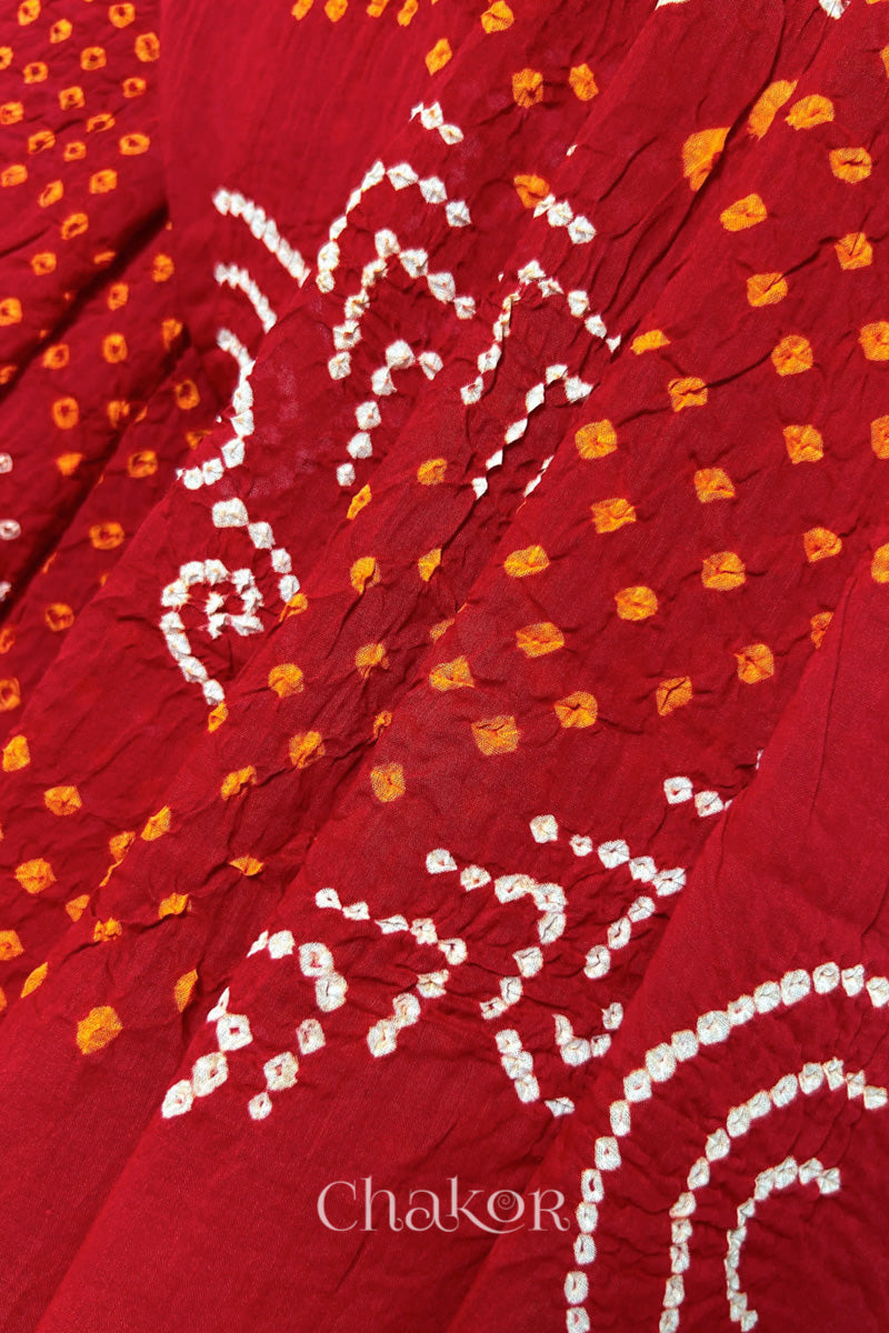 close-up of Red Bandhani Mul Cotton Dupatta in Traditional Design for Women