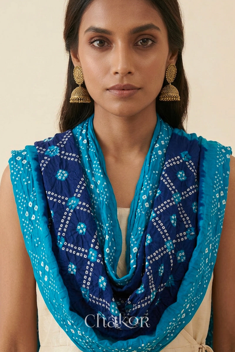 Navy Turquoise Bandhani Mul Cotton Dupatta | Kutch Tie-Dye