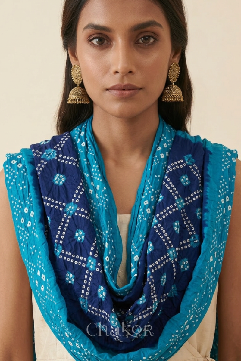 Navy Turquoise Bandhani Mul Cotton Dupatta | Kutch Tie-Dye