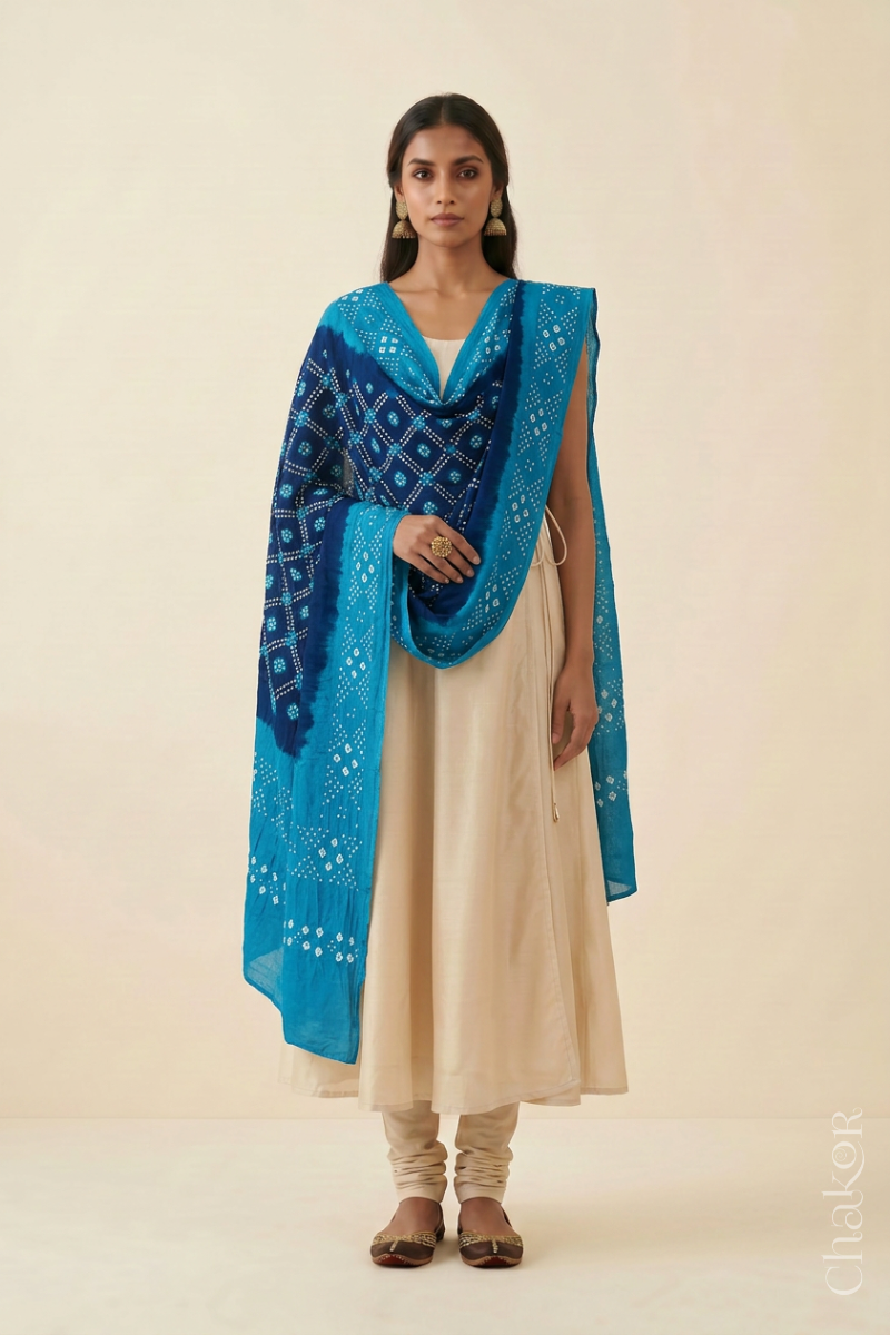 Navy Turquoise Bandhani Mul Cotton Dupatta | Kutch Tie-Dye