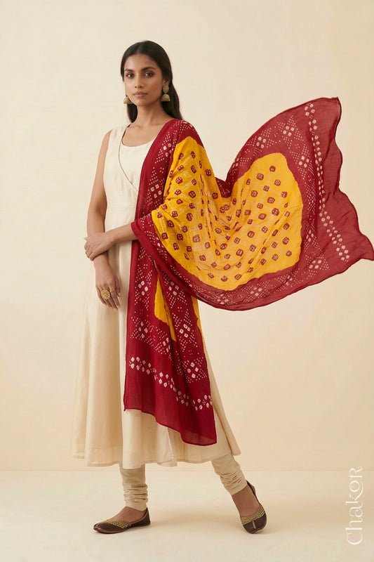 Yellow Red Bandhani Mul Cotton Dupatta | Kutch Tie-Dye