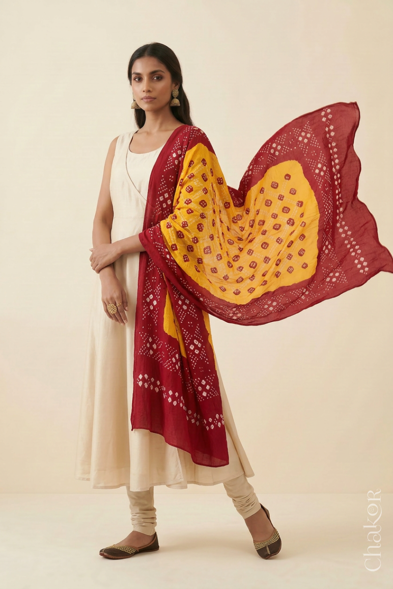 Yellow Red Bandhani Mul Cotton Dupatta | Kutch Tie-Dye