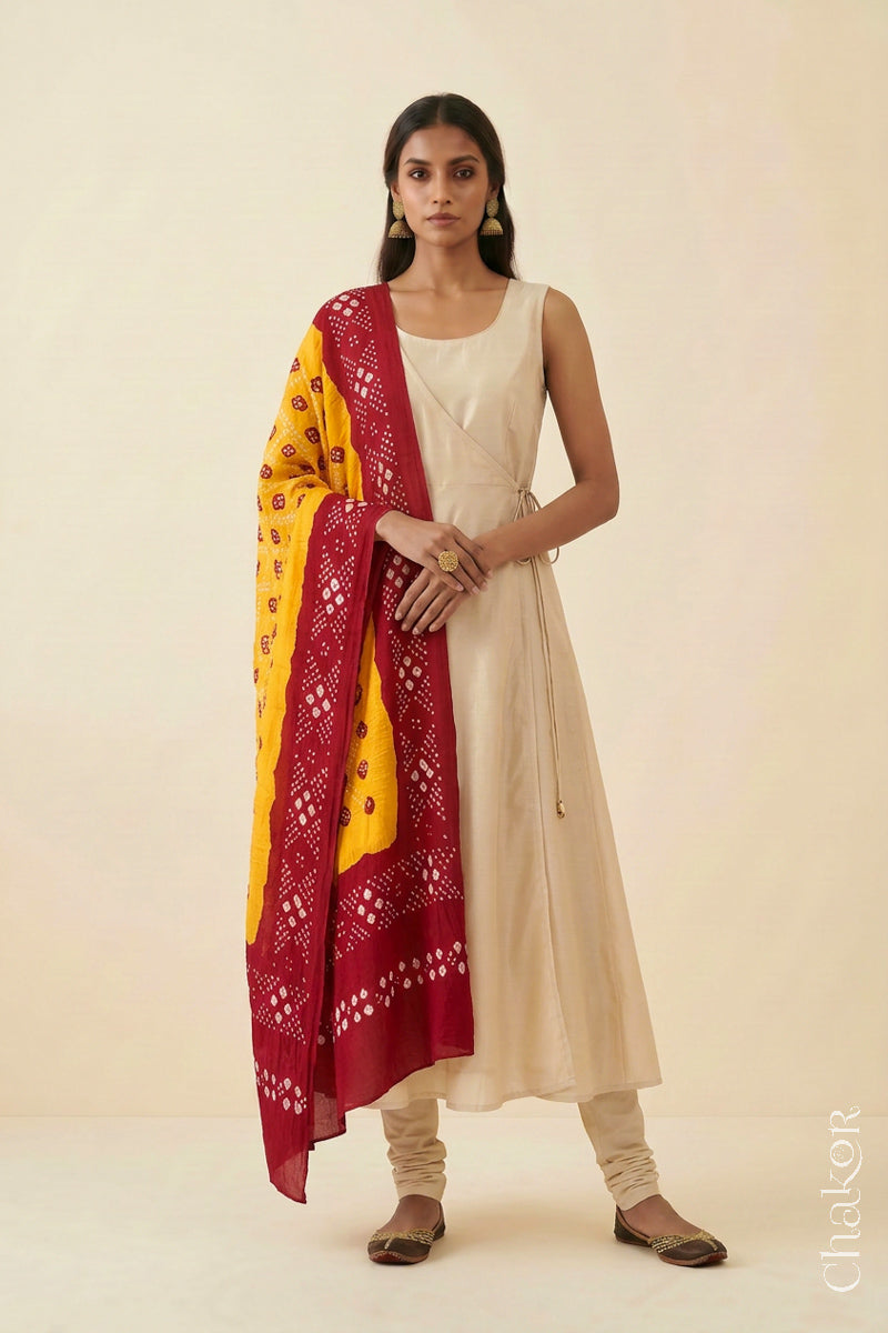 Yellow Red Bandhani Mul Cotton Dupatta | Kutch Tie-Dye