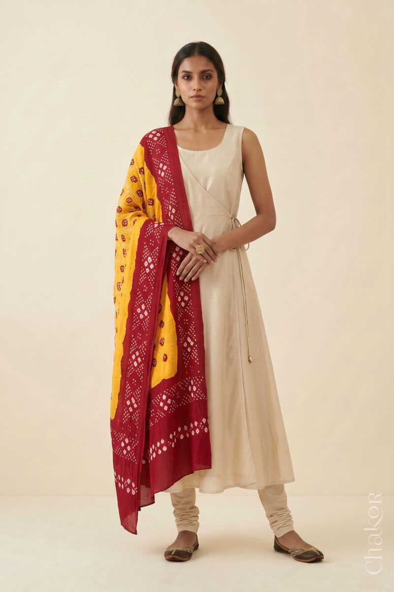 Yellow Red Bandhani Mul Cotton Dupatta | Kutch Tie-Dye