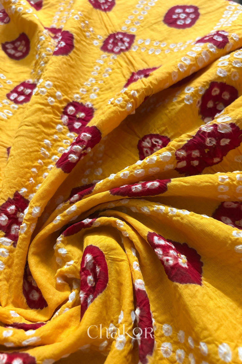 Yellow Red Bandhani Mul Cotton Dupatta | Kutch Tie-Dye