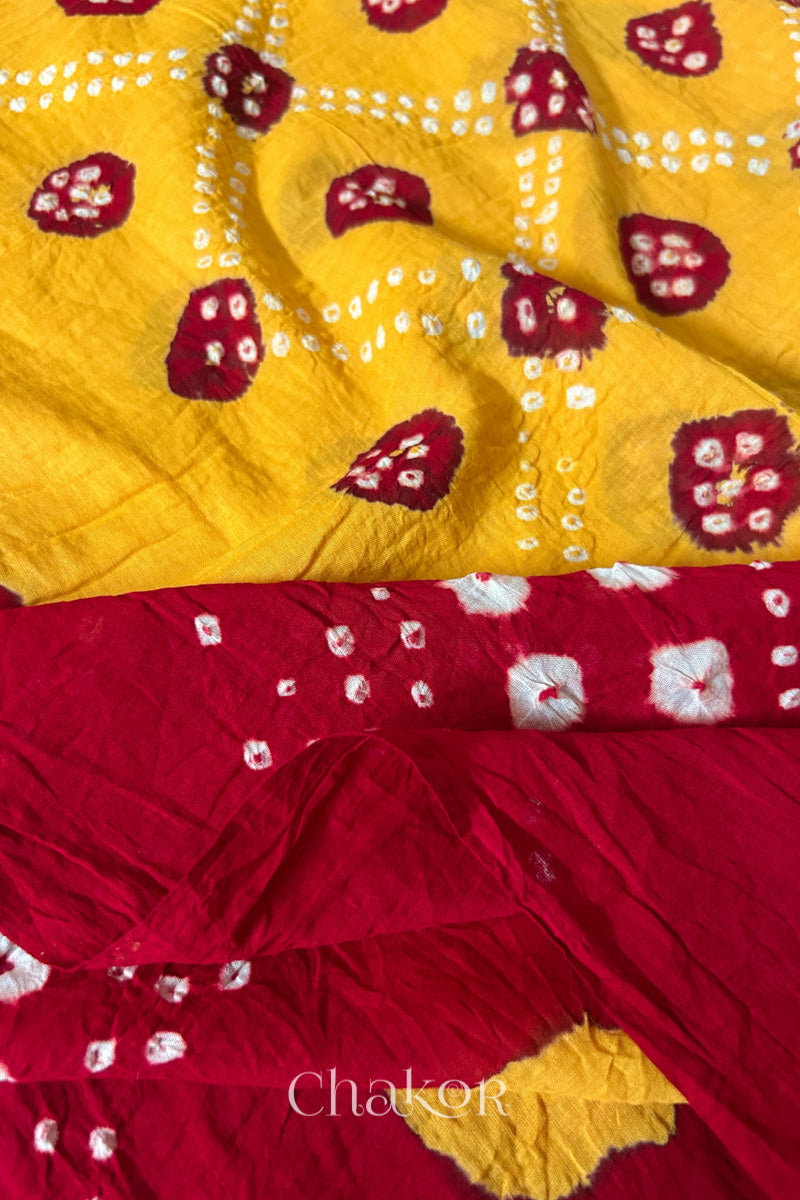 Yellow Red Bandhani Mul Cotton Dupatta | Kutch Tie-Dye