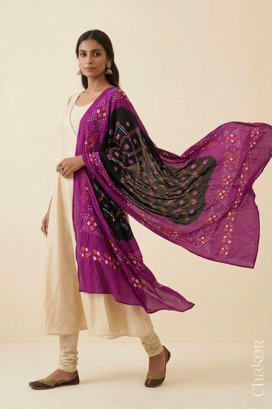 Black Magenta Bandhani Mul Cotton Dupatta | Kutch Tie-Dye