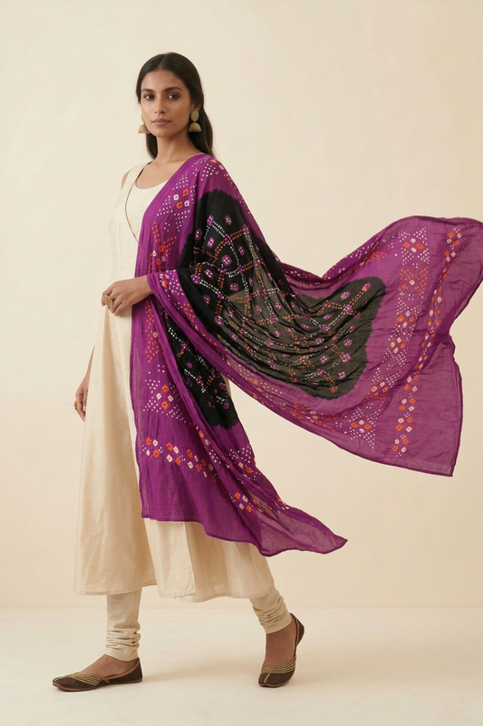 Black Magenta Bandhani Mul Cotton Dupatta | Kutch Tie-Dye