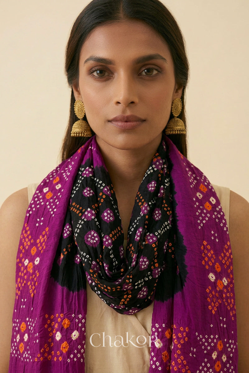 Black Magenta Bandhani Mul Cotton Dupatta | Kutch Tie-Dye