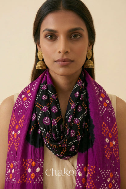 Black Magenta Bandhani Mul Cotton Dupatta | Kutch Tie-Dye