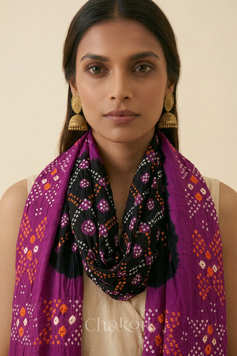 Black Magenta Bandhani Mul Cotton Dupatta | Kutch Tie-Dye