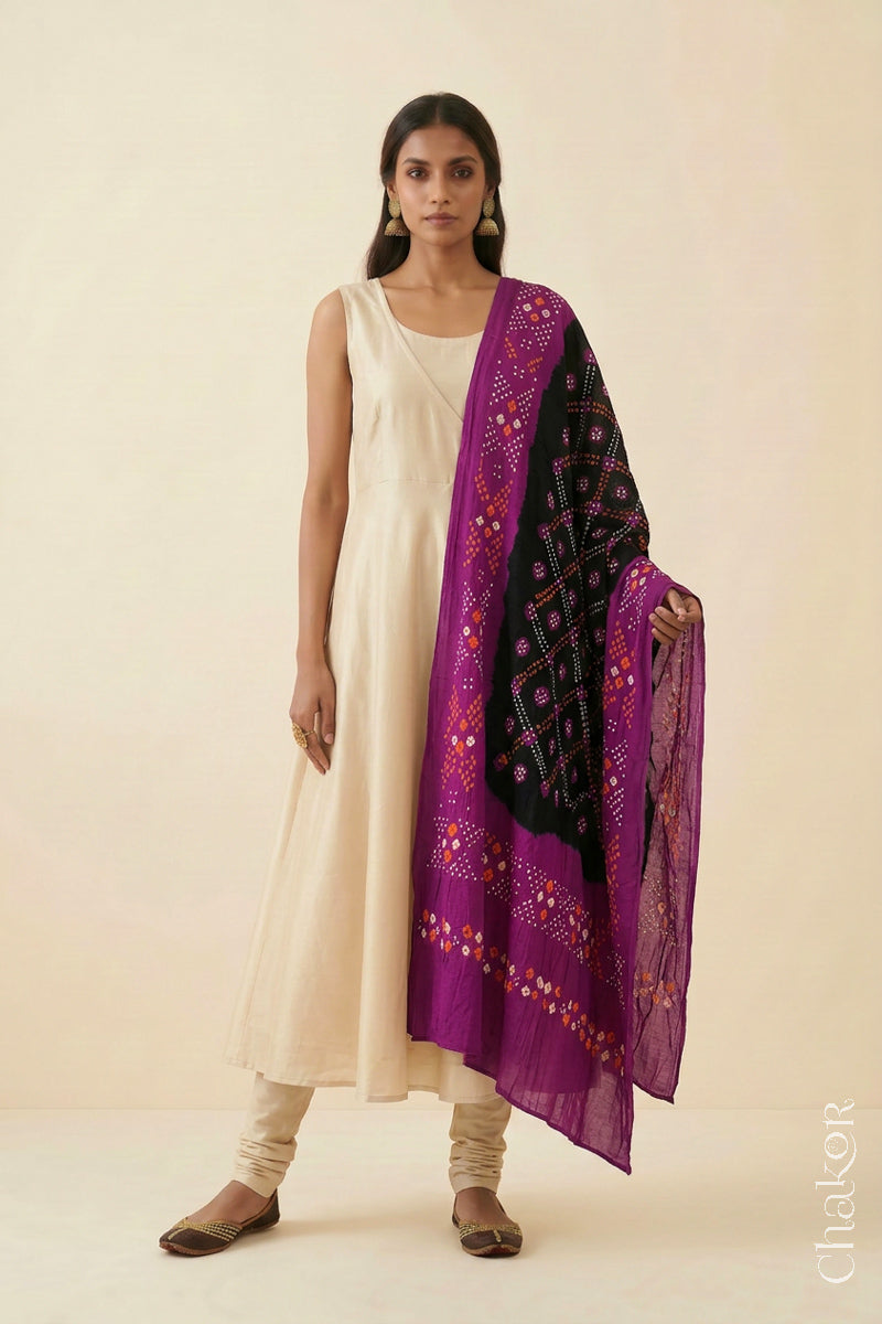 Black Magenta Bandhani Mul Cotton Dupatta | Kutch Tie-Dye