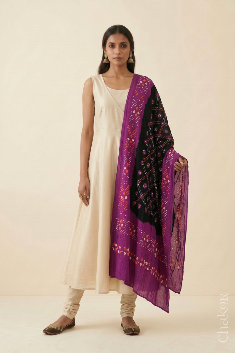 Black Magenta Bandhani Mul Cotton Dupatta | Kutch Tie-Dye