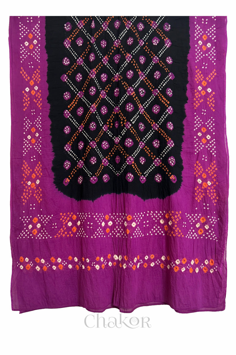 Black Magenta Bandhani Mul Cotton Dupatta | Kutch Tie-Dye