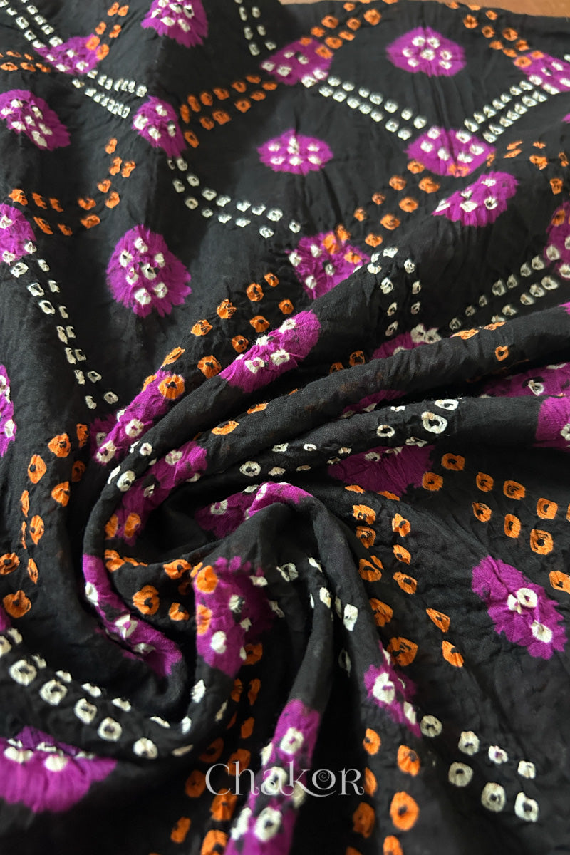 Black Magenta Bandhani Mul Cotton Dupatta | Kutch Tie-Dye
