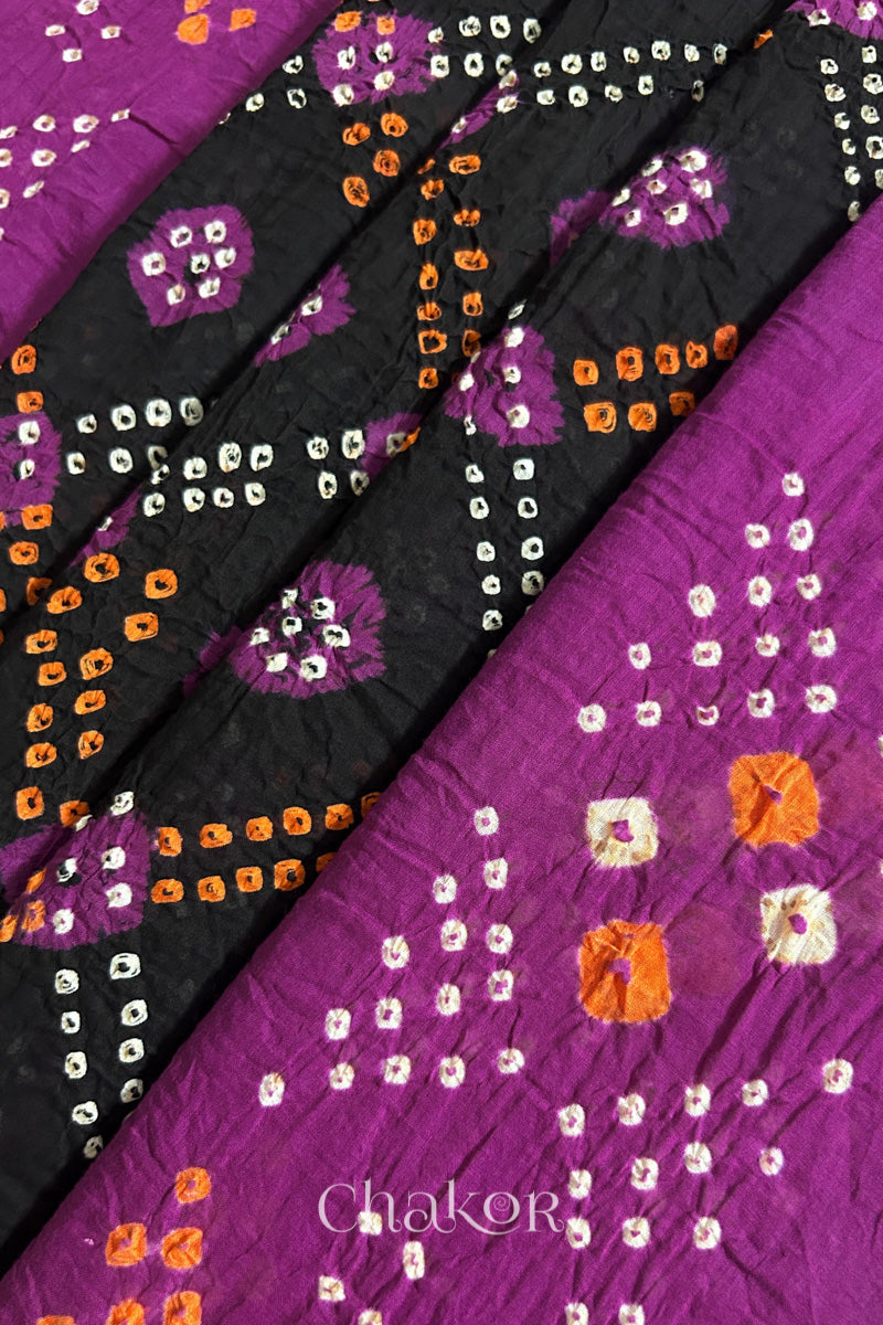 Black Magenta Bandhani Mul Cotton Dupatta | Kutch Tie-Dye