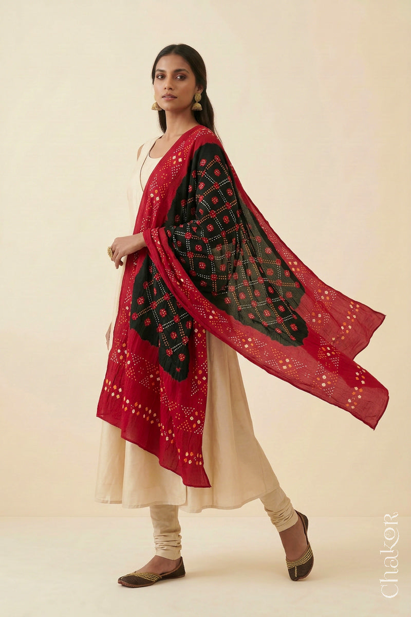 Black Red Bandhani Mul Cotton Dupatta | Kutch Tie-Dye