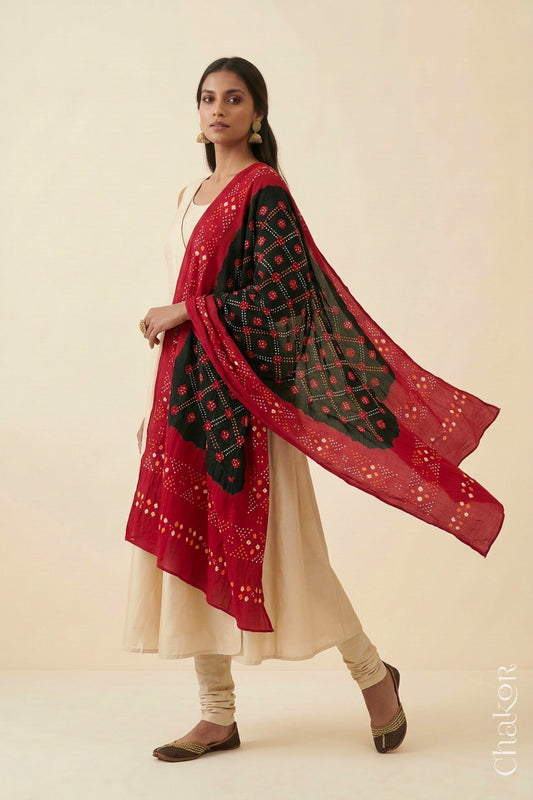 Black Red Bandhani Mul Cotton Dupatta | Kutch Tie-Dye
