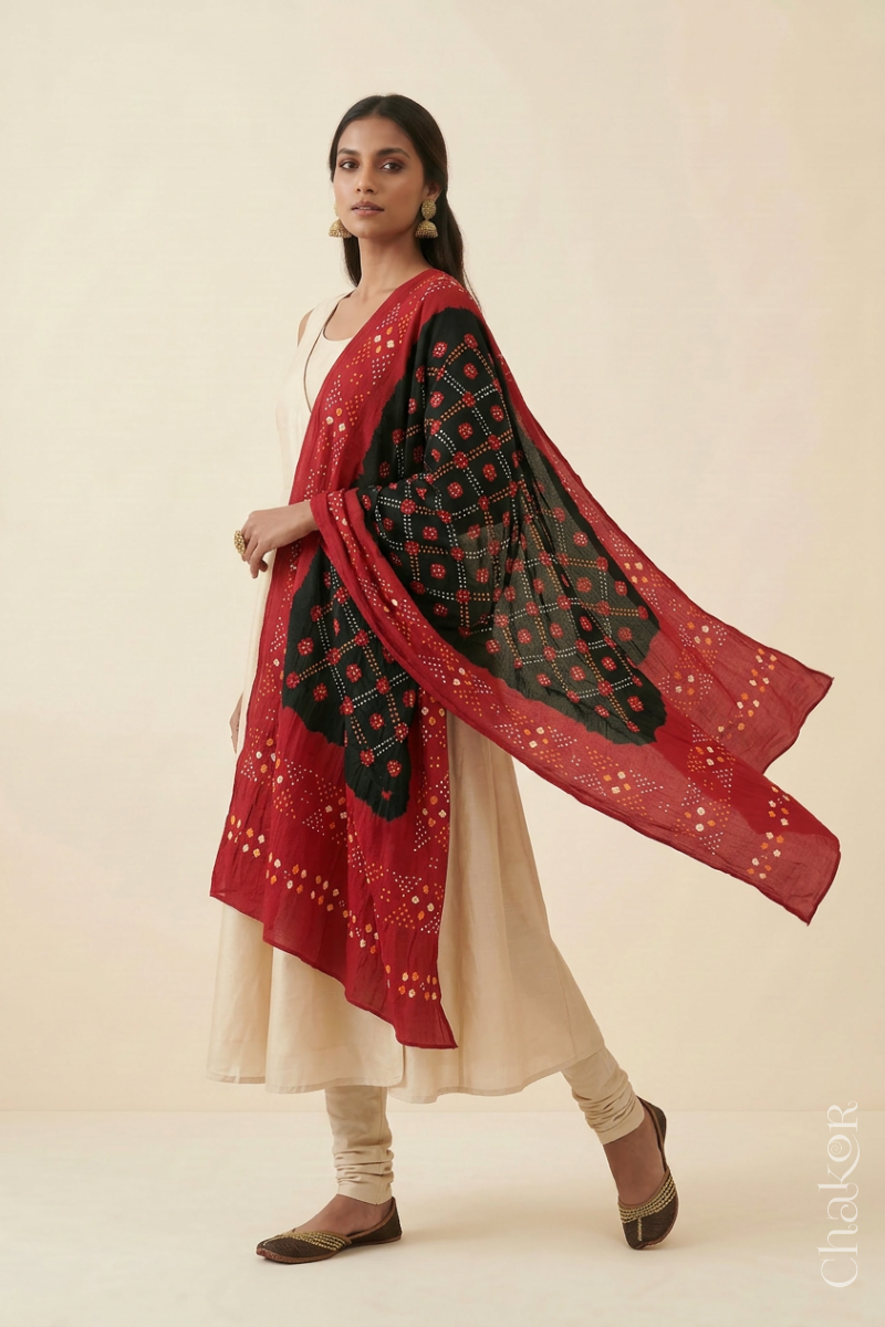 Black Red Bandhani Mul Cotton Dupatta | Kutch Tie-Dye