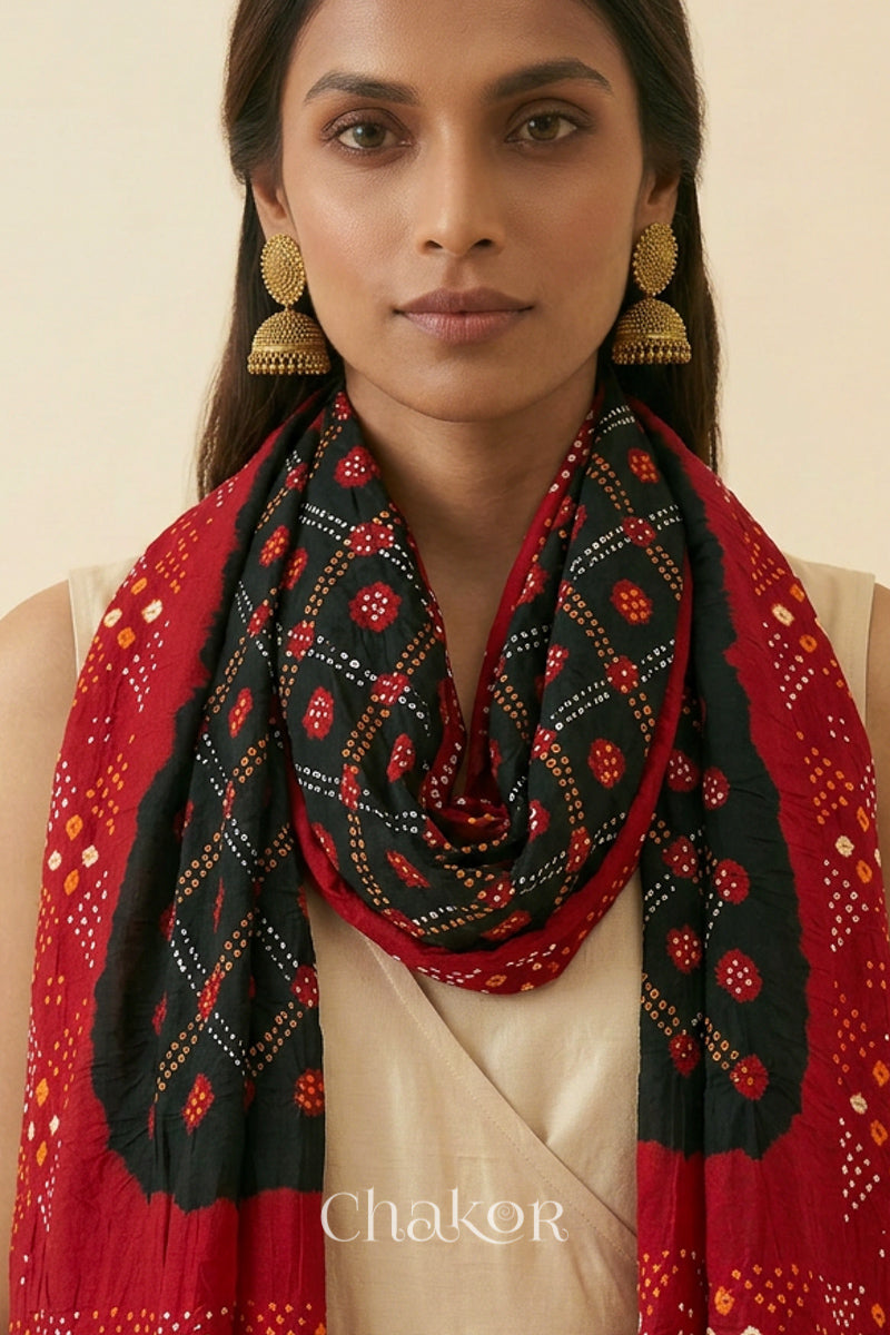 Black Red Bandhani Mul Cotton Dupatta | Kutch Tie-Dye