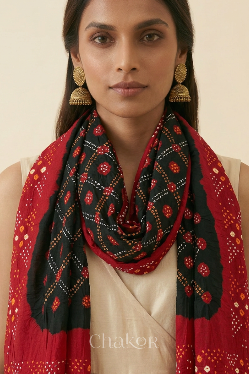 Black Red Bandhani Mul Cotton Dupatta | Kutch Tie-Dye