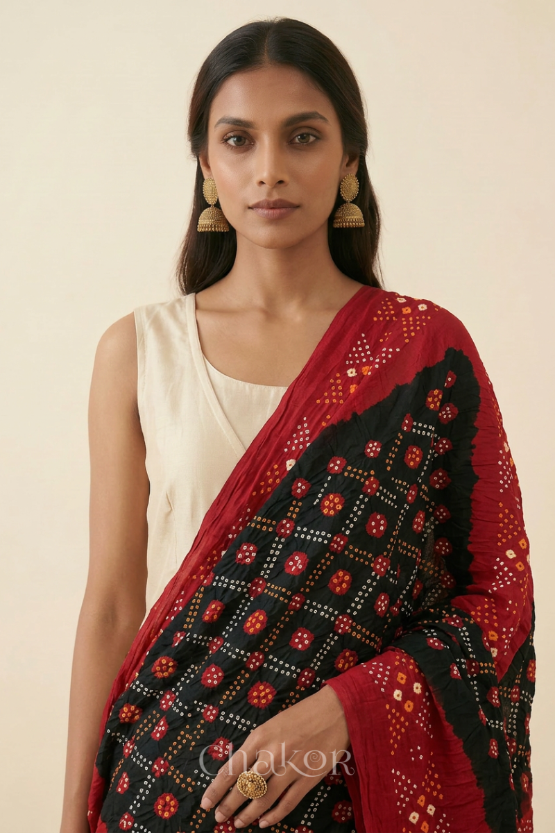 Black Red Bandhani Mul Cotton Dupatta | Kutch Tie-Dye
