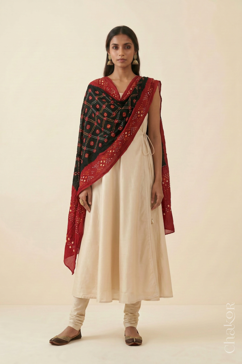 Black Red Bandhani Mul Cotton Dupatta | Kutch Tie-Dye
