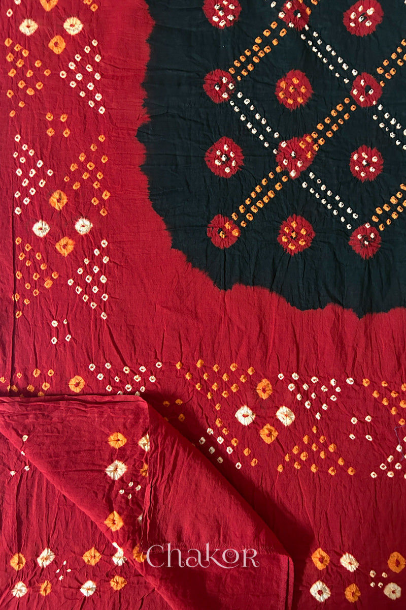 Black Red Bandhani Mul Cotton Dupatta | Kutch Tie-Dye