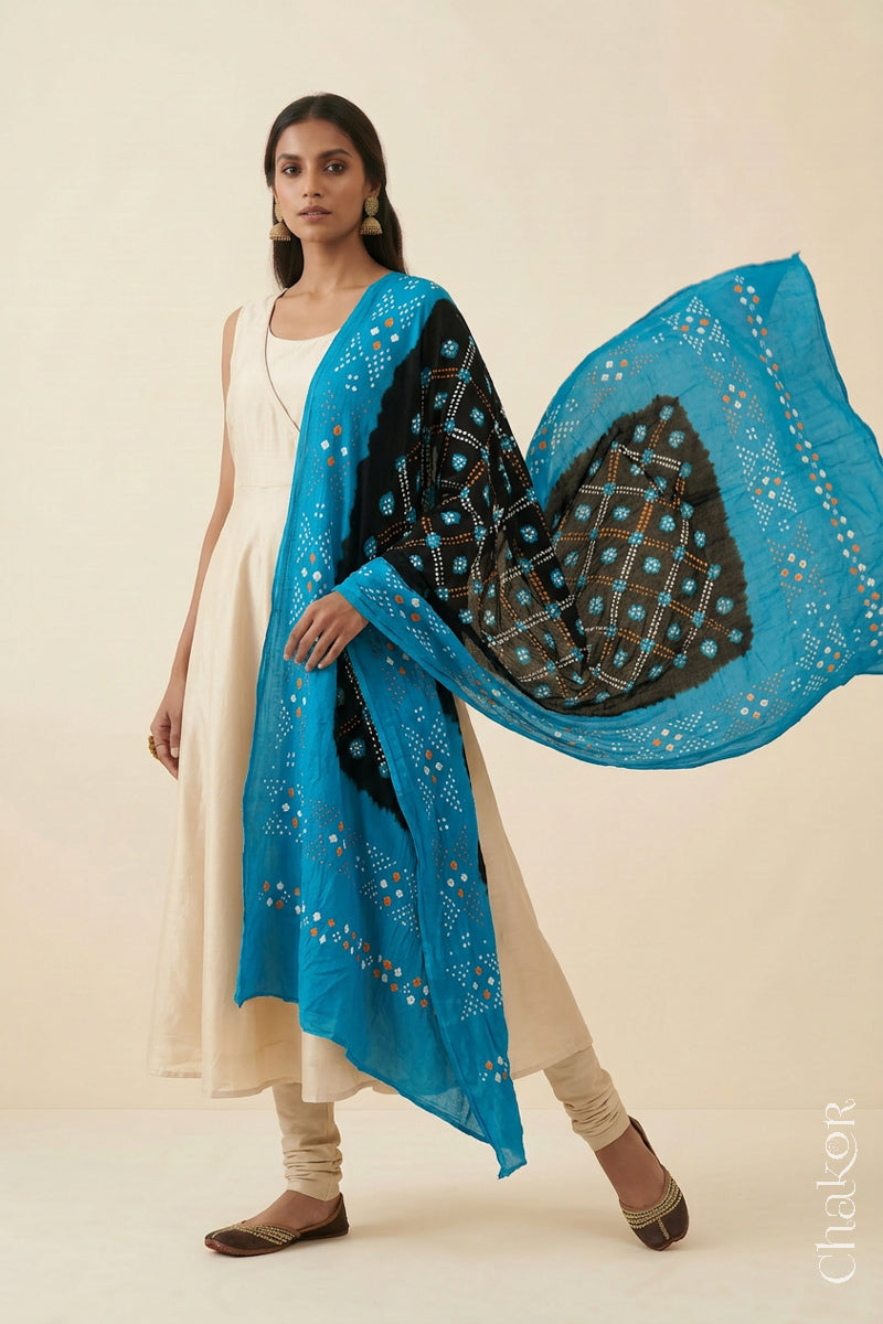 Black Turquoise Bandhani Mul Cotton Dupatta | Kutch Tie-Dye