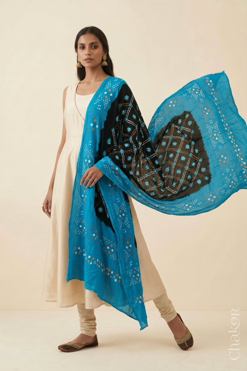 Black Turquoise Bandhani Mul Cotton Dupatta | Kutch Tie-Dye