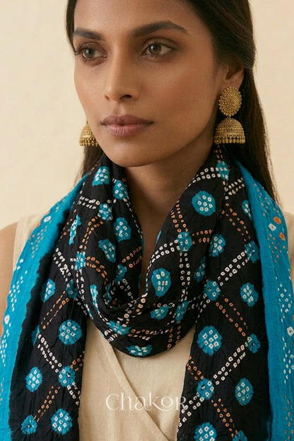 Black Turquoise Bandhani Mul Cotton Dupatta | Kutch Tie-Dye