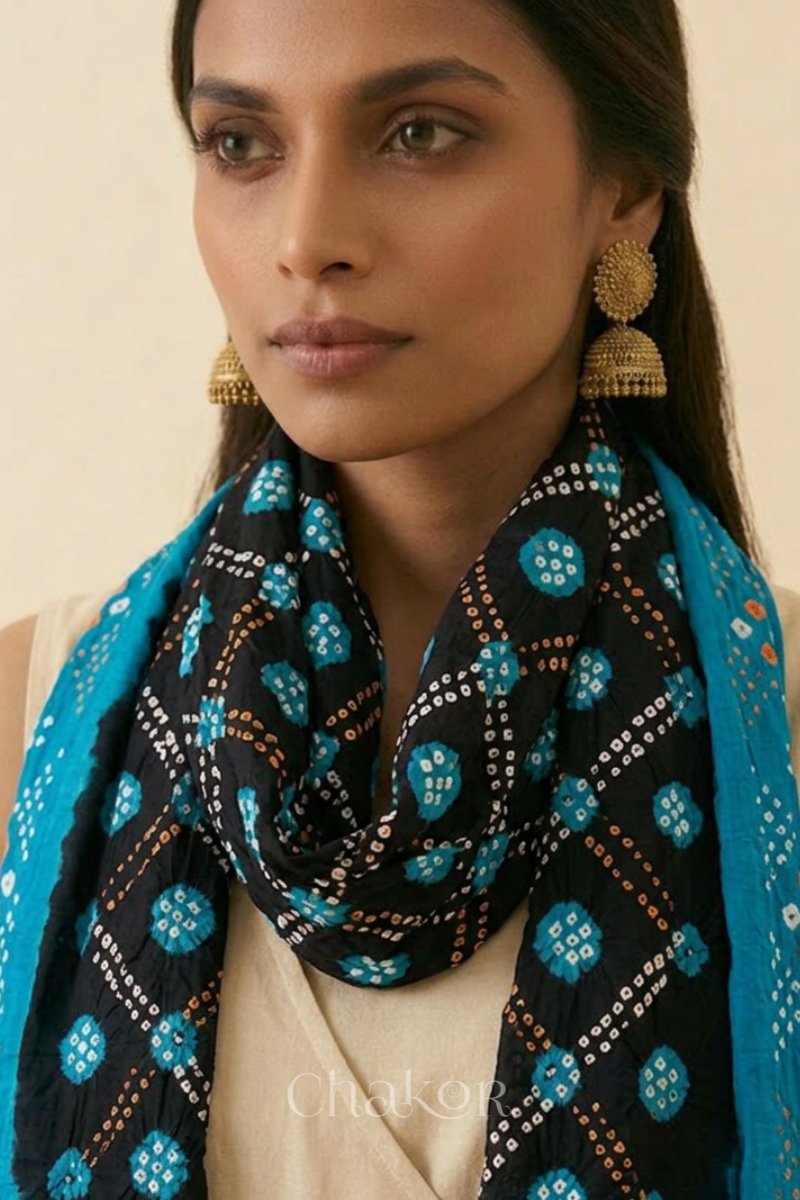 Black Turquoise Bandhani Mul Cotton Dupatta | Kutch Tie-Dye