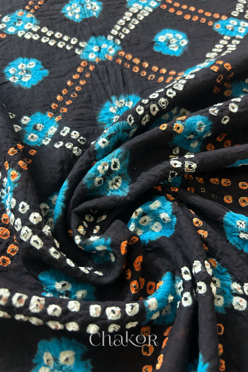 Black Turquoise Bandhani Mul Cotton Dupatta | Kutch Tie-Dye