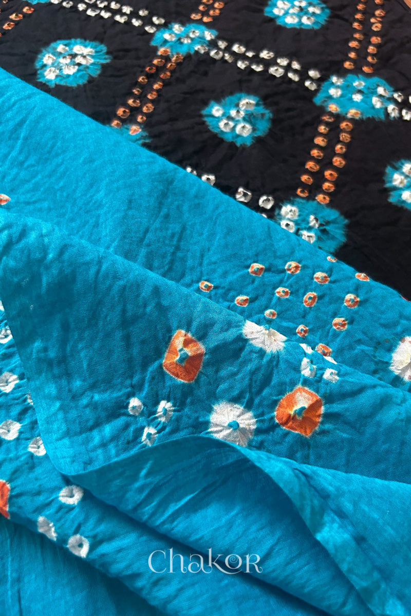 Black Turquoise Bandhani Mul Cotton Dupatta | Kutch Tie-Dye