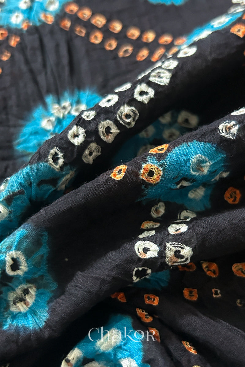 Black Turquoise Bandhani Mul Cotton Dupatta | Kutch Tie-Dye