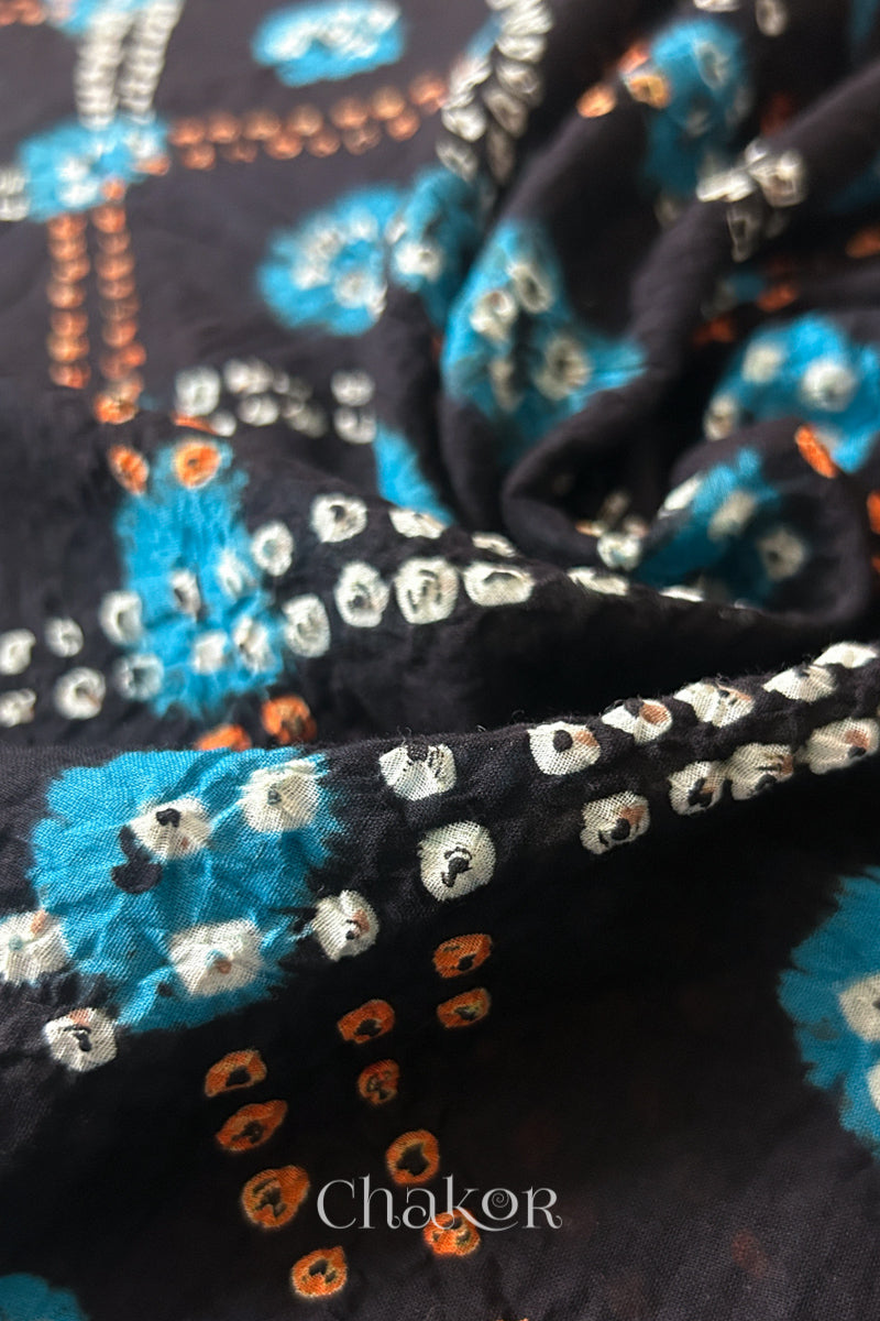 Black Turquoise Bandhani Mul Cotton Dupatta | Kutch Tie-Dye