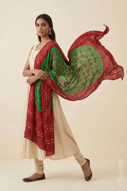 Mehendi Green Red Bandhani Mul Cotton Dupatta | Kutch Tie-Dye