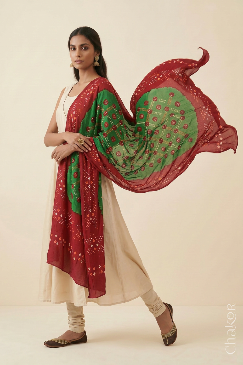 Mehendi Green Red Bandhani Mul Cotton Dupatta | Kutch Tie-Dye