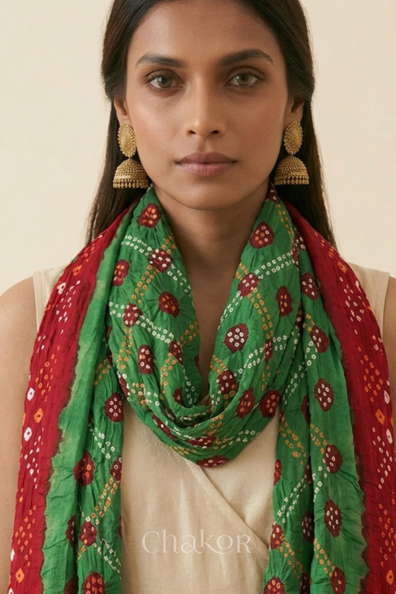 Mehendi Green Red Bandhani Mul Cotton Dupatta | Kutch Tie-Dye