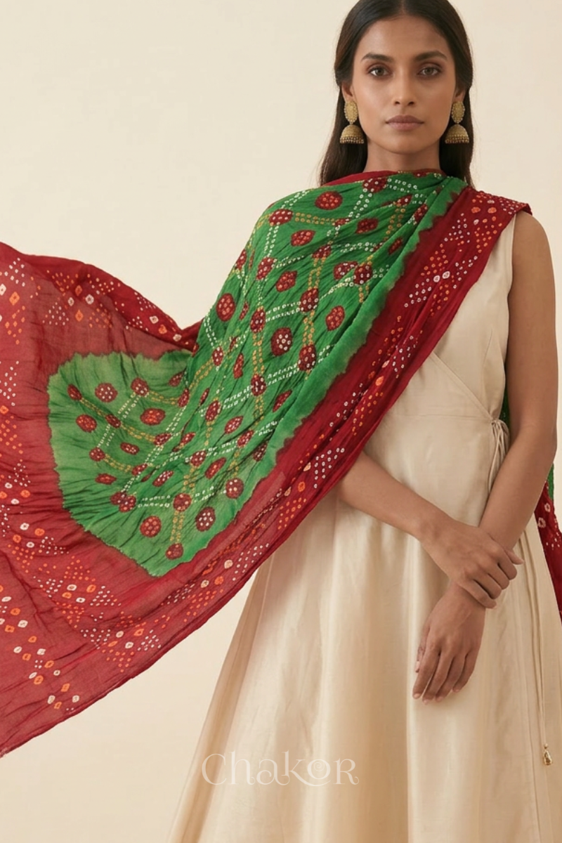 Mehendi Green Red Bandhani Mul Cotton Dupatta | Kutch Tie-Dye